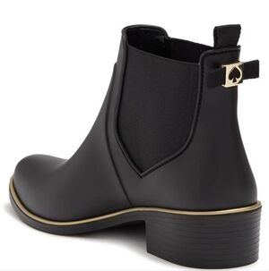Kate Spade Solstice Black Rubber Ankle Rain Boots with Gold Trim, Size 9